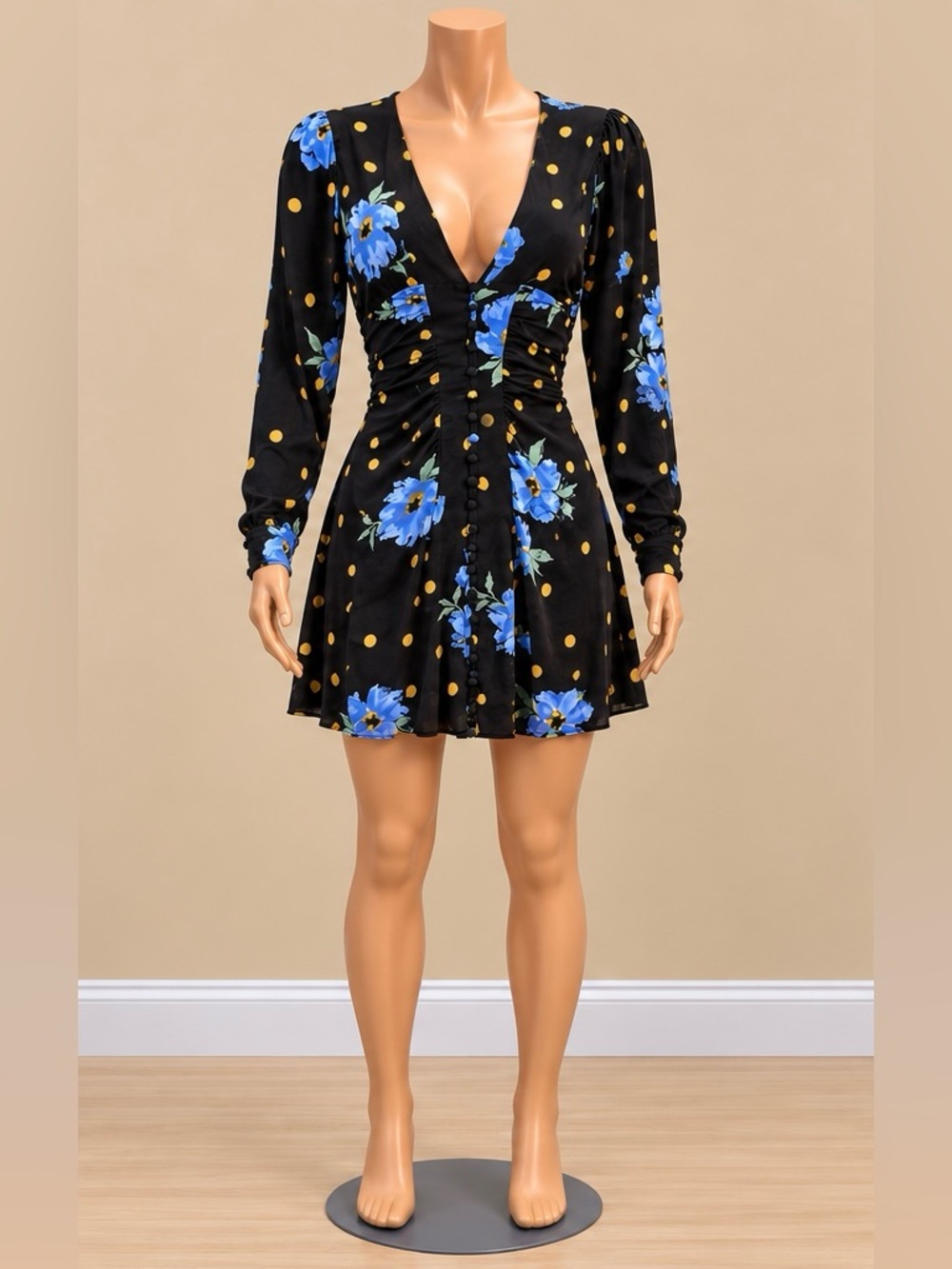 NWT Free People Date Night Mini Dress Moonlight Combo Black Blue Floral XS